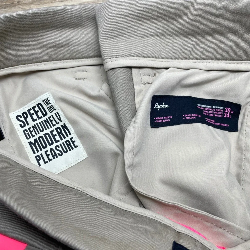 Rapha Mens Original Fit Cotton Trousers Tan Khaki Cycling Commuter 30W 34L